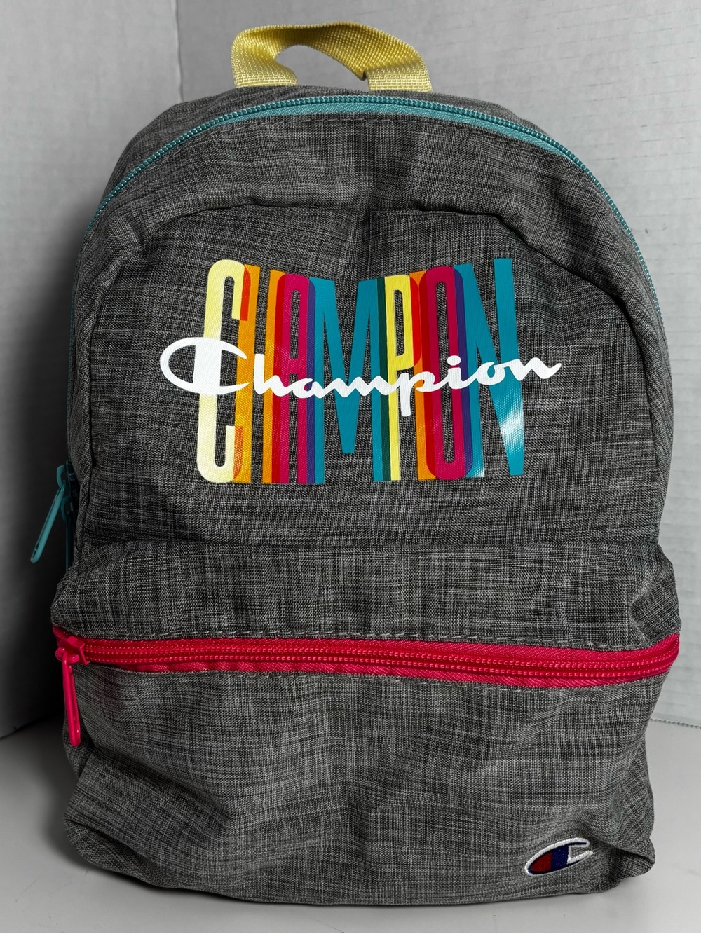 Champion Heather Gray Backpack with Multicolor Logo and Yellow Handle